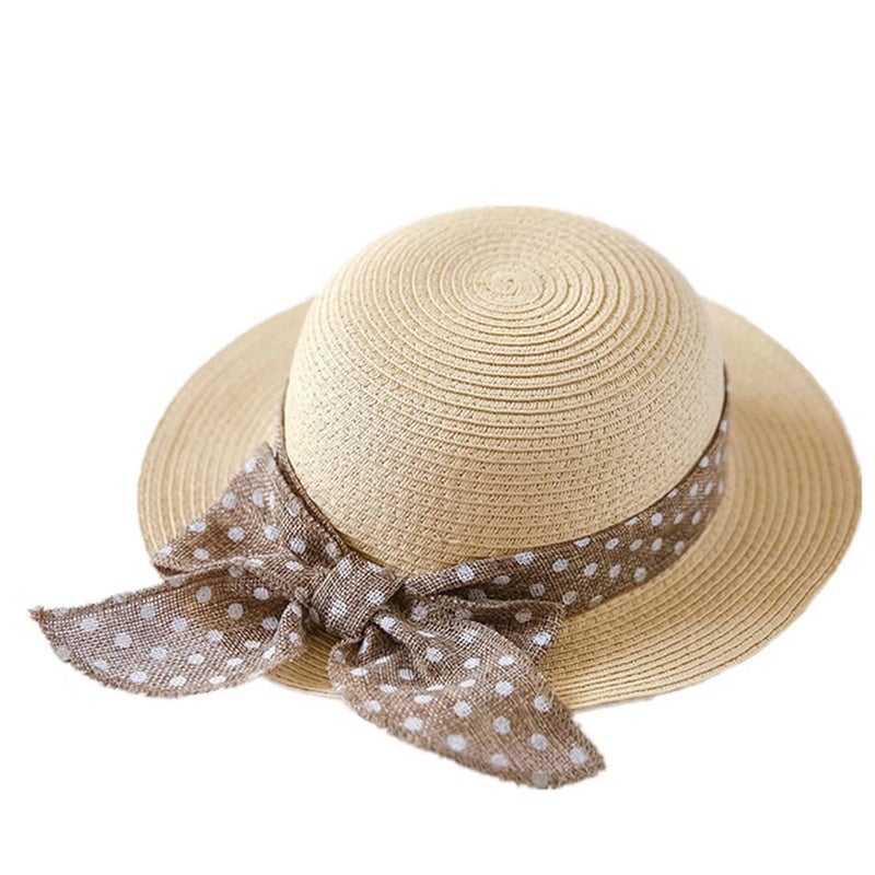 Connectyle Kids Classic Lovely Summer Straw Hat Cap Bowknot Beach Sun Protection Hats for Girls, 52 20.5"Head Girth, fit to 3 4T, Beige - Image 1